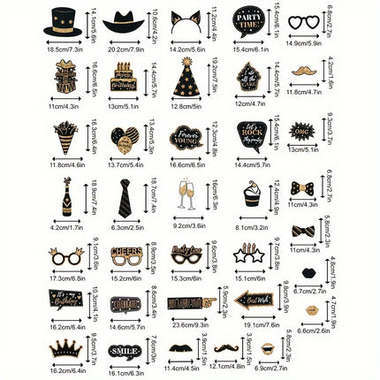 36pcs Black & Golden Birthday Photo Booth Props Set