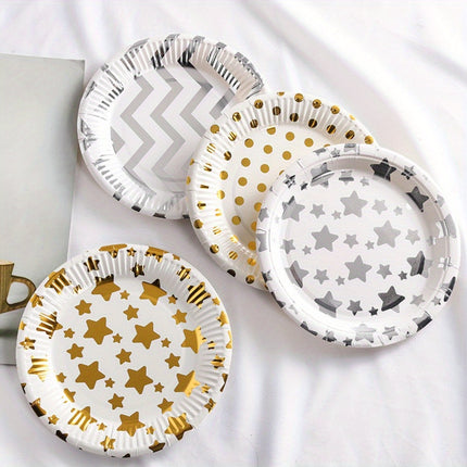Elegant Golden & Silvery Foil Birthday Cake Plates Set
