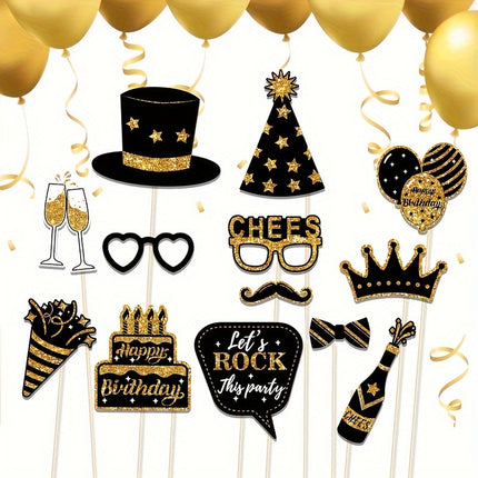 36pcs Black & Golden Birthday Photo Booth Props Set