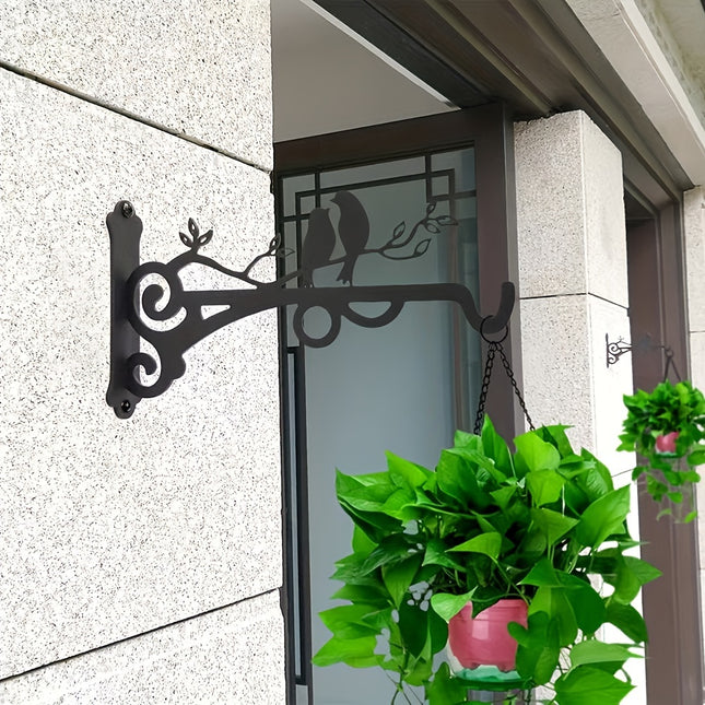 Elegant Black Wrought Iron Bird Design Flower Pot Hanger