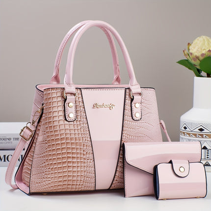 3pcs Crocodile Pattern Faux Leather Satchel