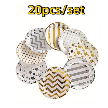 Elegant Golden & Silvery Foil Birthday Cake Plates Set