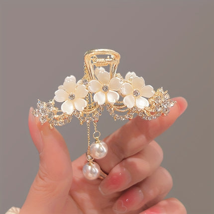 Camellia Rhinestone Faux Pearl Tassel Hair Clip