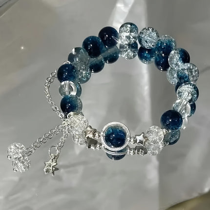 Shimmering Star Charm Blue Beaded Bracelet – Adjustable & Cute