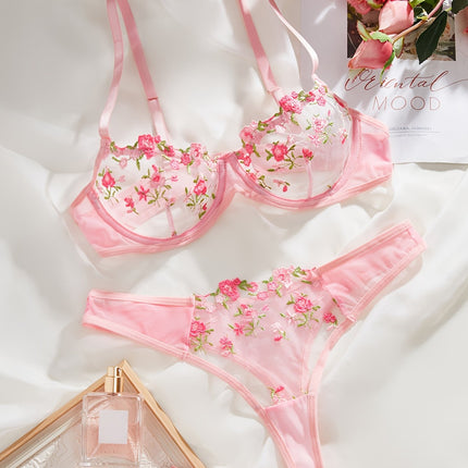 Floral Embroidery Mesh Lingerie Set