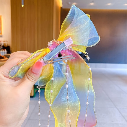 Cute Mesh Bow Ribbon Hair Clips – Faux Pearl Tassel