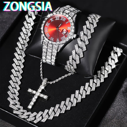 4pcs Men's Watch & Cuban Chain Set