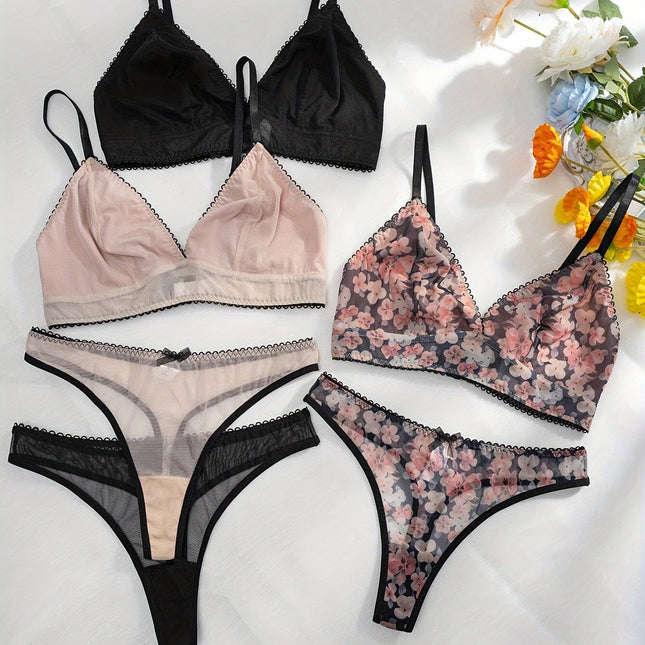 3-Piece Color Block Lingerie Set