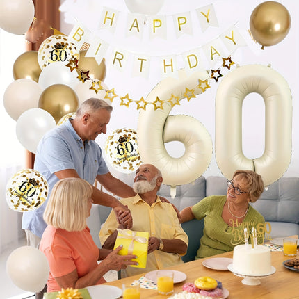 60th Party Decoration Kit – Golden & White Balloons Set