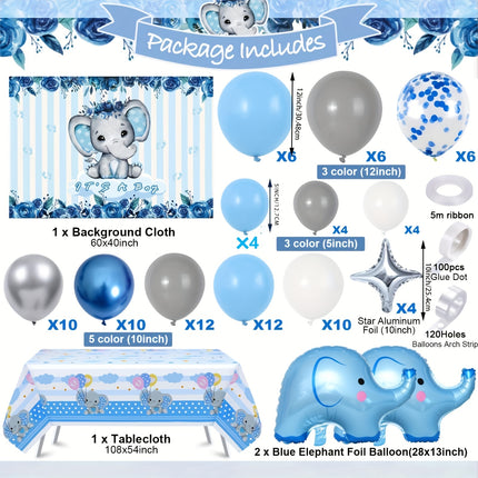 92pcs Blue Elephant Baby Shower & Birthday Party Decor Kit