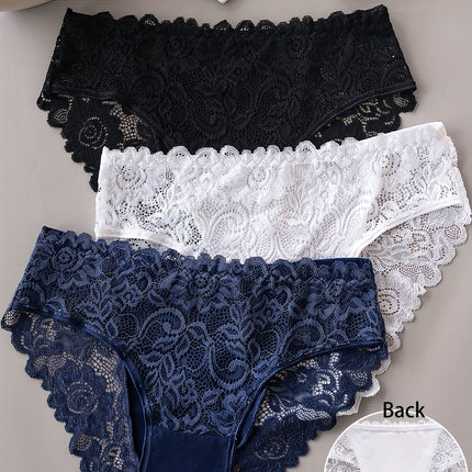 3pcs Solid Lace Briefs, Comfy & Breathable