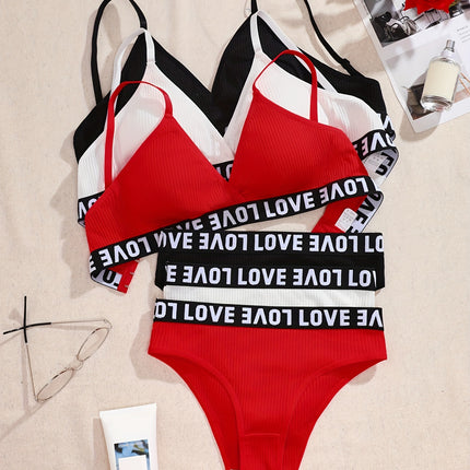3 Set Letter Print Ribbed Lingerie