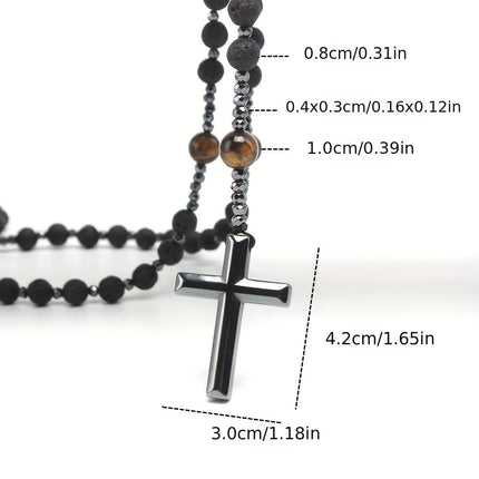Black Lava Rock & Tiger Eye Cross Necklace