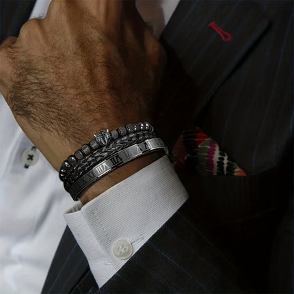 3pcs Men's Braided & Roman Numeral Bracelet Set