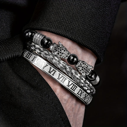 Men's Black Agate Leopard Head Bracelet Set