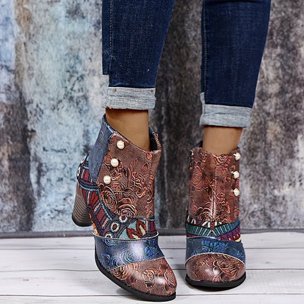 Floral Pattern Chunky Heel Ankle Boots