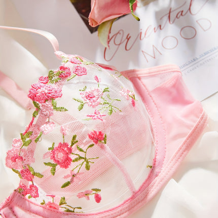 Floral Embroidery Mesh Lingerie Set