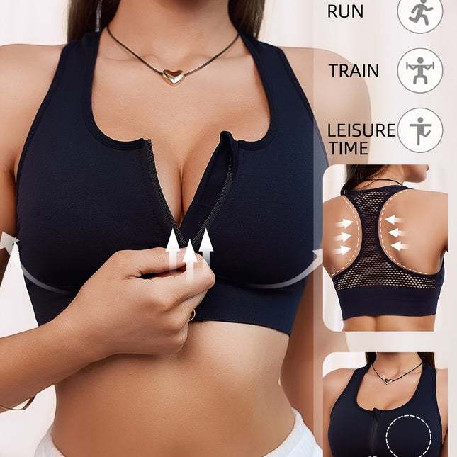 Women's Seamless Sports Bra with Front Zipper & Breathable Design