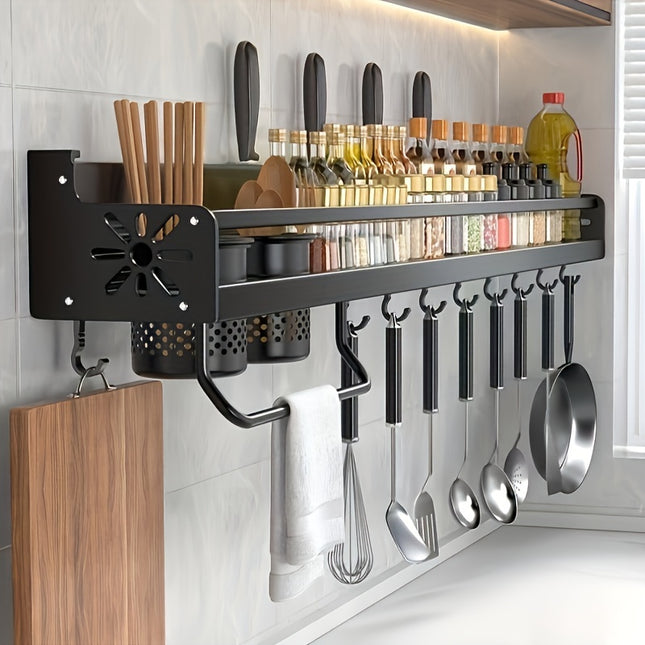 Black Metal Wall-Mounted Kitchen Organizer with Hooks