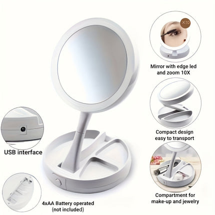 Foldable LED Vanity Mirror with Storage
