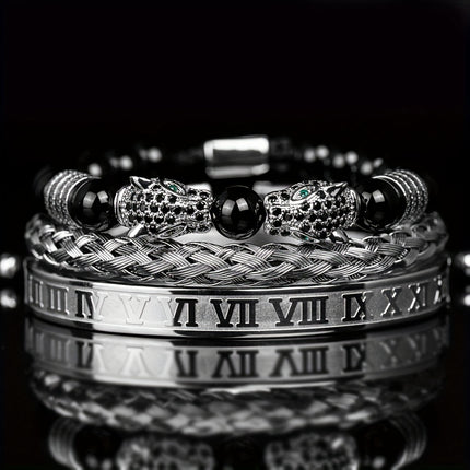 Men's Black Agate Leopard Head Bracelet Set