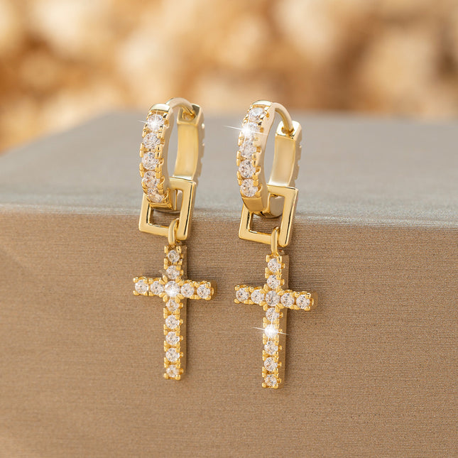 Golden Cross Earrings with Cubic Zirconia