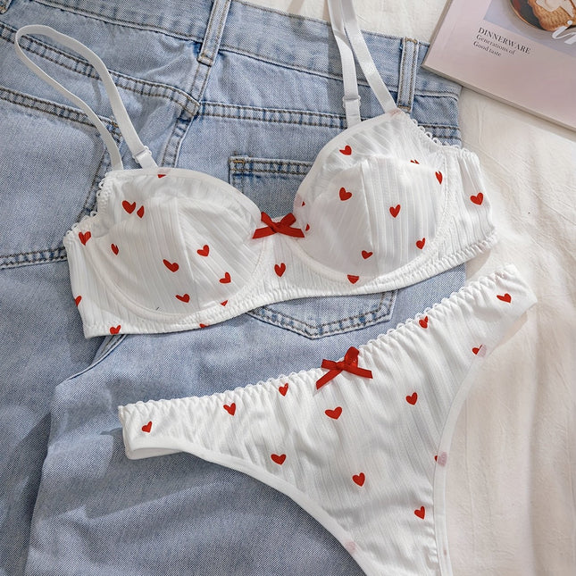 Heart Print Lingerie Set with Bow
