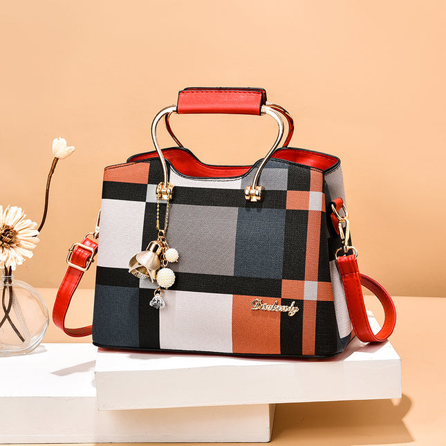Colorblock Plaid Pendant Shoulder Bag