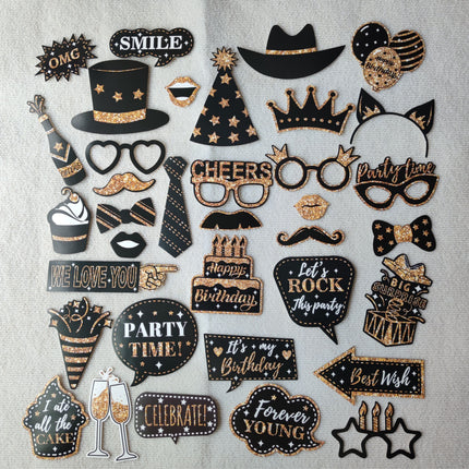 36pcs Black & Golden Birthday Photo Booth Props Set