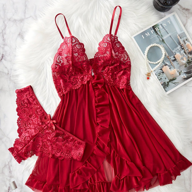 Lace Spliced Front Split Chemise