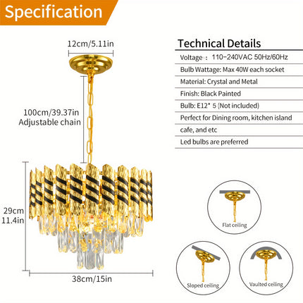 Sleek Black & Gold Crystal Chandelier – 3-Tier Elegance