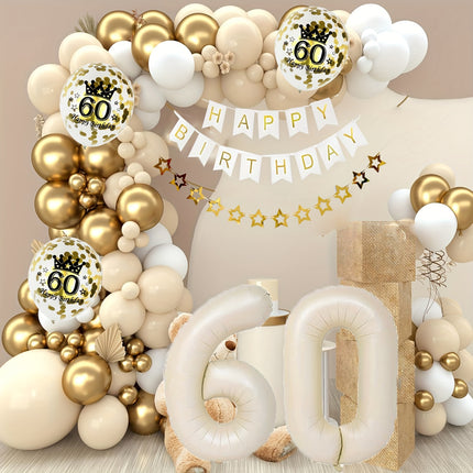 60th Party Decoration Kit – Golden & White Balloons Set