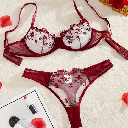 Floral Embroidery Mesh Lingerie Set