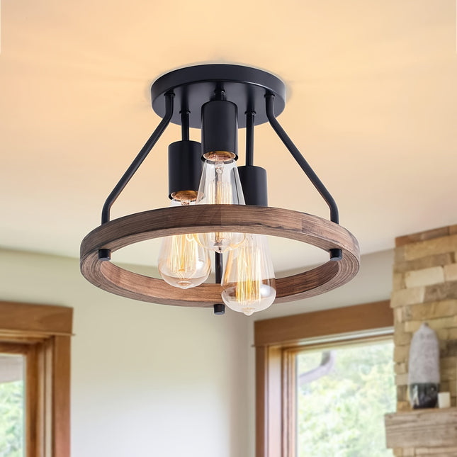 Rustic 3-Light Farmhouse Ceiling Light – Wood Grain Finish