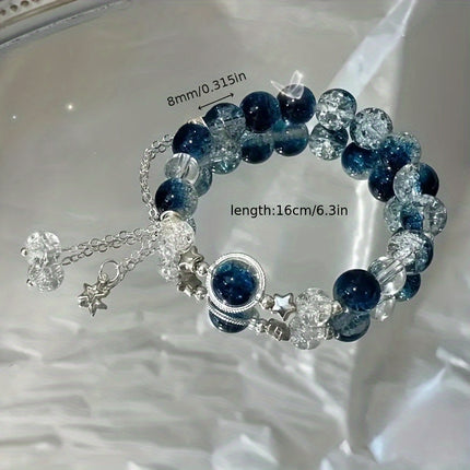 Shimmering Star Charm Blue Beaded Bracelet – Adjustable & Cute