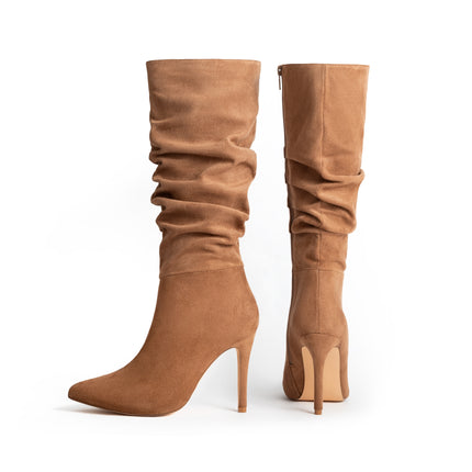 Pleated Point Toe Knee-High Boots