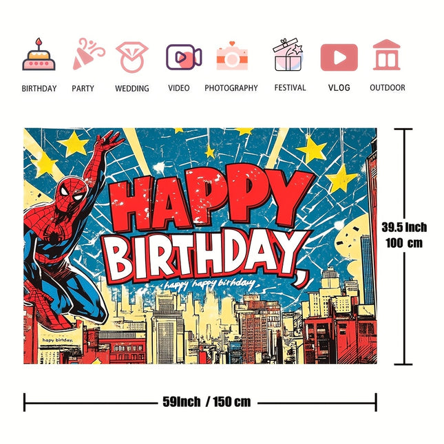 1pc Spider-Themed Polyester Happy Birthday Backdrop