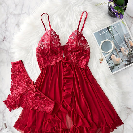 Contrast Lace Ruffle Lingerie Set