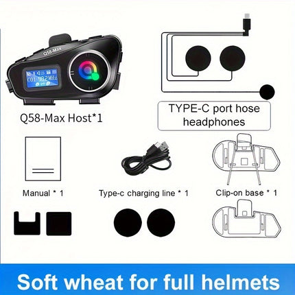 Q58MAX Wireless Motorcycle Helmet Headset with FM Radio & Intercom