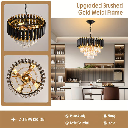Elegant 3-Tier Black & Gold Crystal Chandelier - Modern Flush Mount