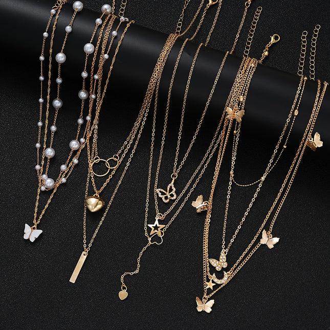 11pcs Faux Pearl & Rhinestone Necklace Set