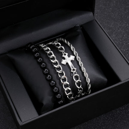 4pcs Men's Iron Cross Bead Bracelet Set