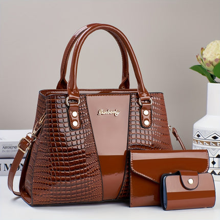 3pcs Crocodile Pattern Faux Leather Satchel