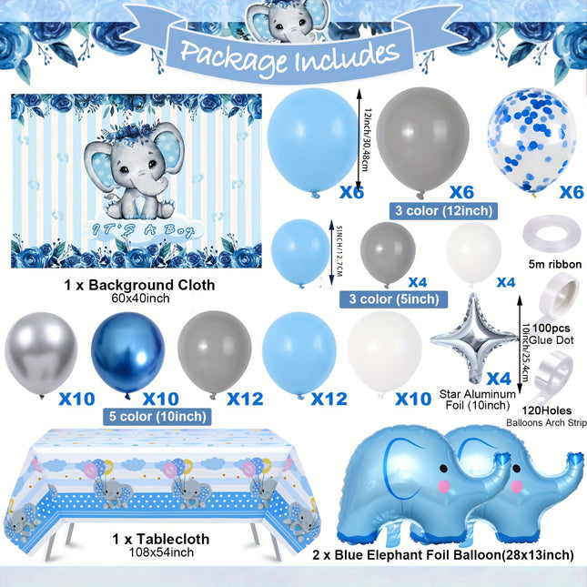 92pcs Blue Elephant Baby Shower & Birthday Party Decor Kit