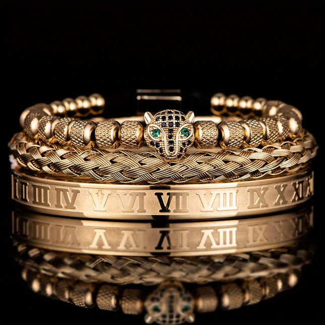 3pcs Men's Braided & Roman Numeral Bracelet Set