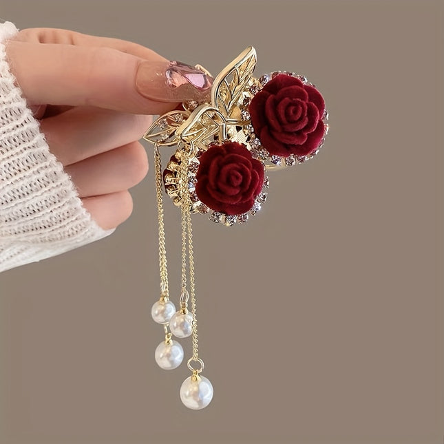 Red Flocking Rose Hair Clip – Autumn & Winter Tassel Headwear