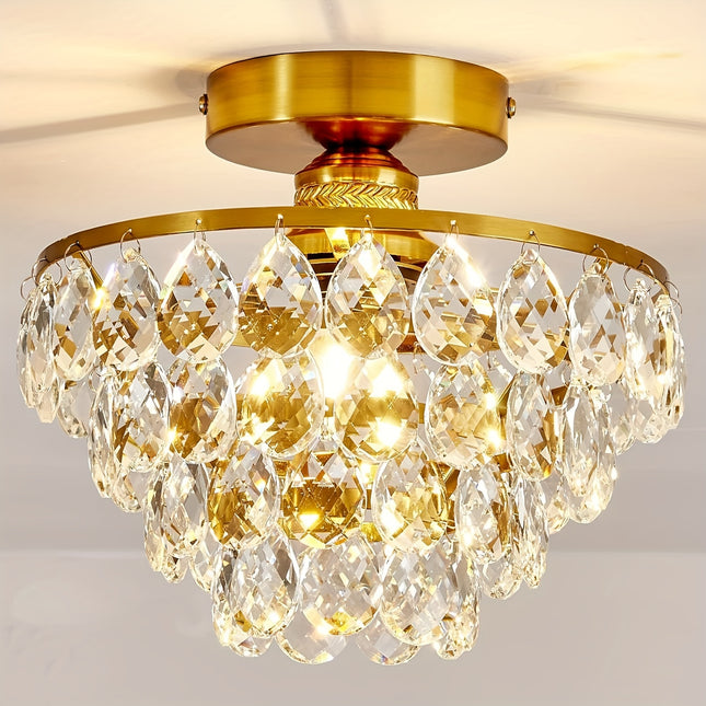 Elegant Golden Crystal Ceiling Light - E26 Flush Mount
