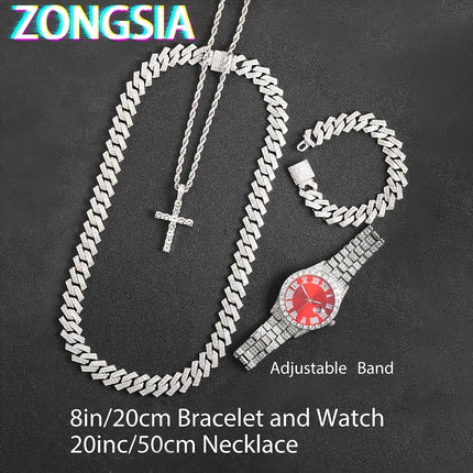 4pcs Men's Watch & Cuban Chain Set