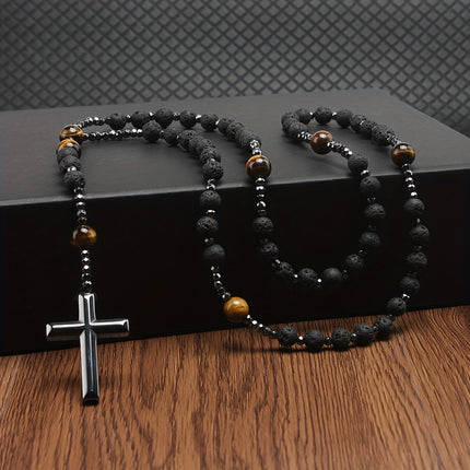 Black Lava Rock & Tiger Eye Cross Necklace