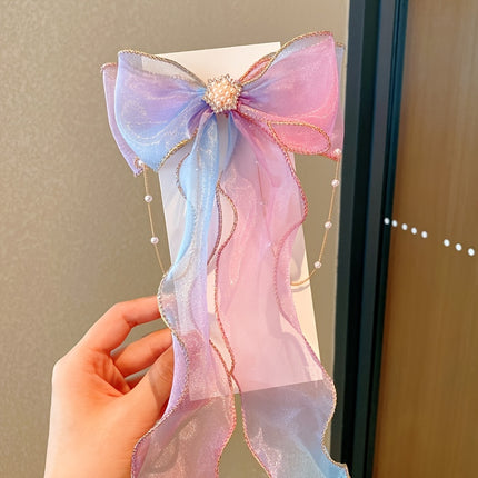 Cute Mesh Bow Ribbon Hair Clips – Faux Pearl Tassel